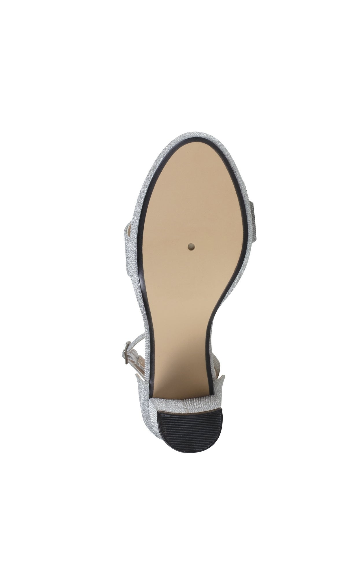 The image shows the bottom view of the Mia Silver High Heel Prom Shoes 4580, featuring a beige sole, silver straps, and an elegant ankle strap—ideal as a chic women’s prom shoe.